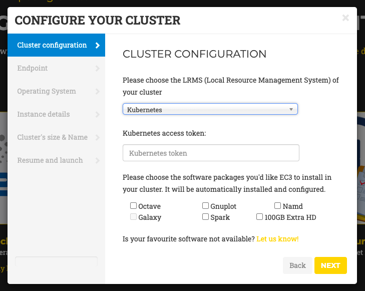 first step of the wizard to deploy a cluster in EC3aaS