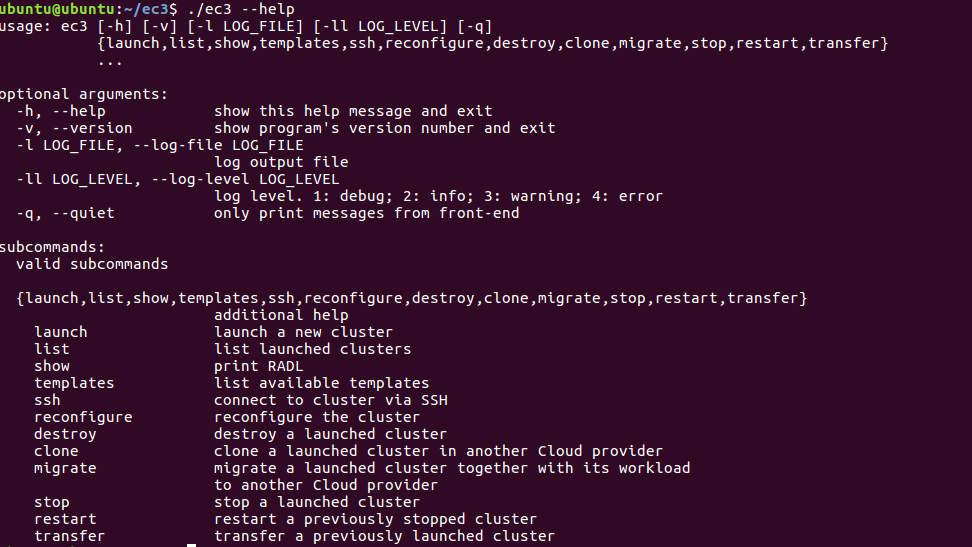 EC3 CLI help output